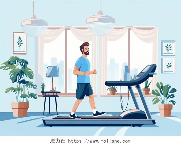 卡通手绘健身节插画室内男人在跑步机上奔跑巨大窗户绿植明亮场景插画海报跑步运动